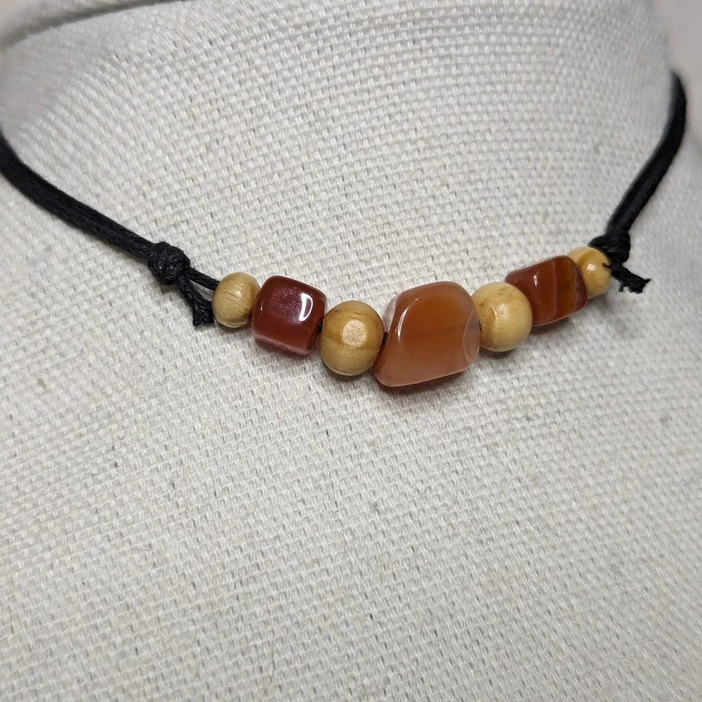 Carnelian Chunk and Wood Beaded Boho Hippie Adjustable Necklace_2